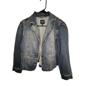 Curve Appeal Medium Wash Stretchy Fitted Button Up Peplum Denim Jacket